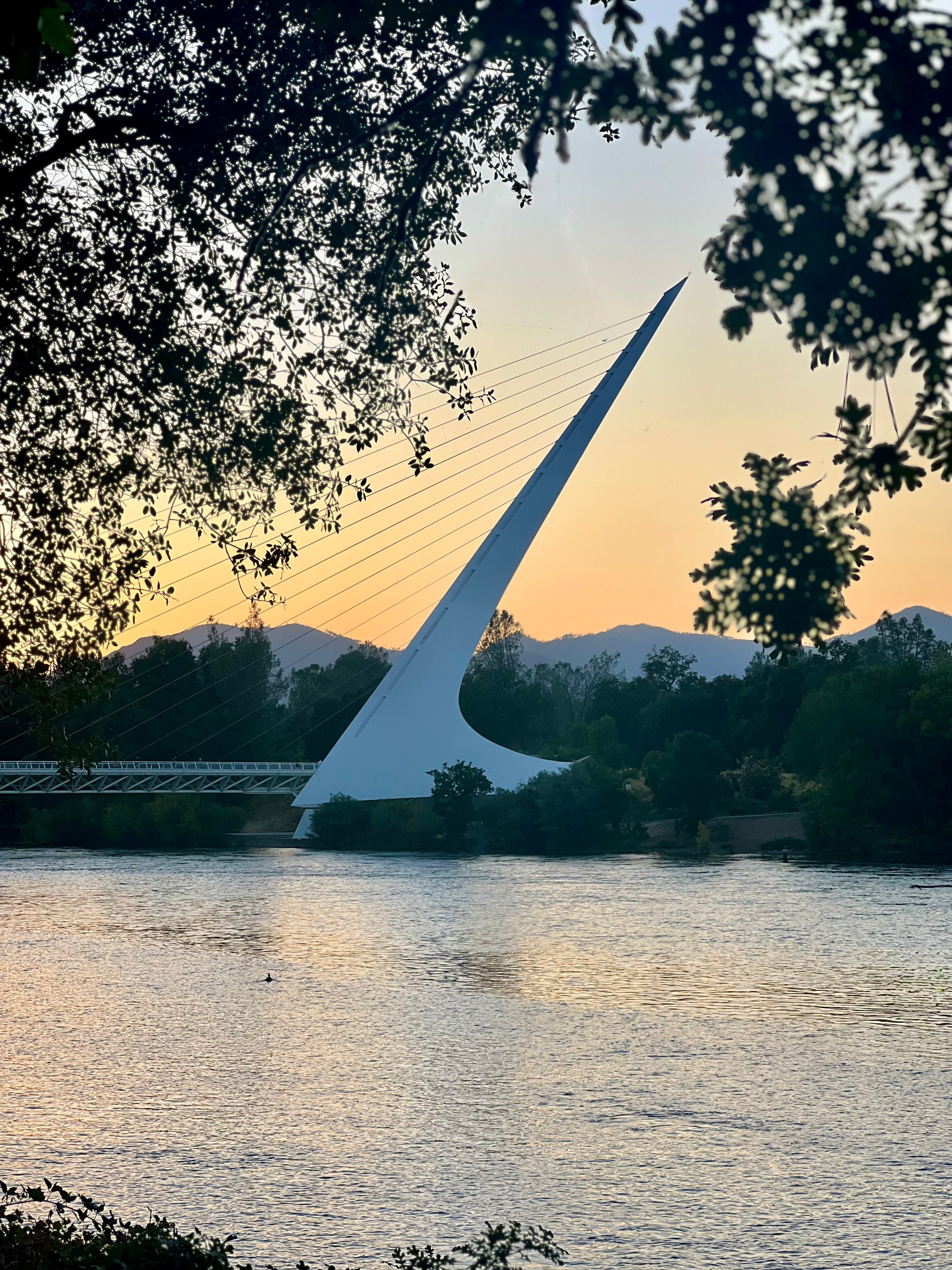 Sundial Bridge over the Sacramento River at sunset, Redding, California